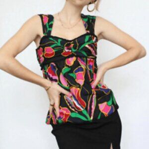 MARC JACOBS Black Pink Floral 100% Silk Y2K Babydoll Lightweight Tank Top Size 8